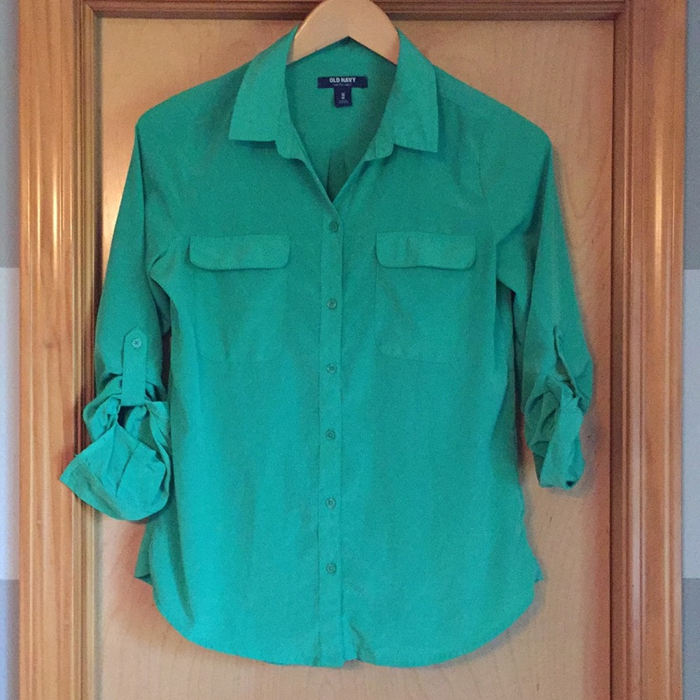 Old Navy Green Button Down Blouse with Roll Sleeves (Size XS)